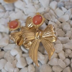 Gold Bow Drop Earrings with Coral Cabochon